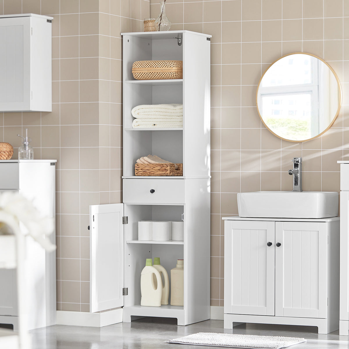 Haotian Floor Standing Tall Bathroom Storage Cabinet, FRG205-W– haotiangroup