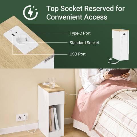 Bedside Table with Charging Station Narrow Nightstand Side Table End Sofa Table, FBT111-E-WN