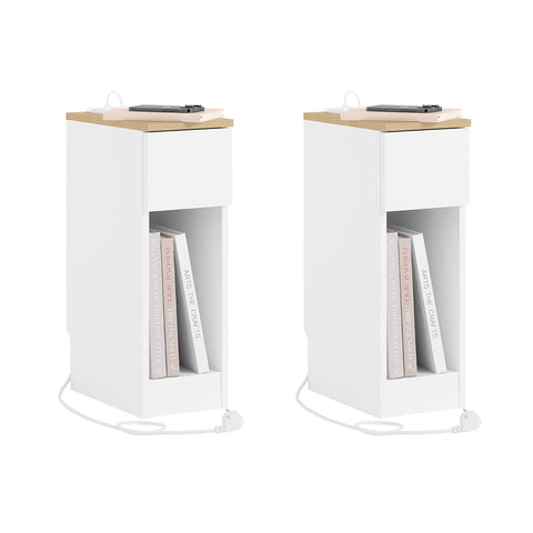 Set of 2 Bedside Table with Charging Station Narrow Nightstand Side Table End Sofa Table, FBT111-E-WNx2
