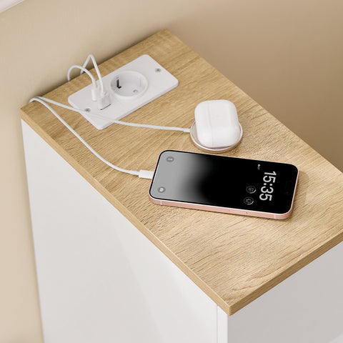 Bedside Table with Charging Station Narrow Nightstand Side Table End Sofa Table, FBT111-E-WN