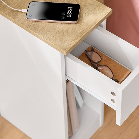 Bedside Table with Charging Station Narrow Nightstand Side Table End Sofa Table, FBT111-E-WN