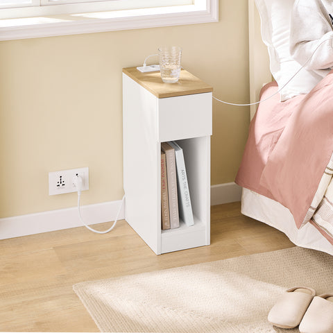 Bedside Table with Charging Station Narrow Nightstand Side Table End Sofa Table, FBT111-E-WN
