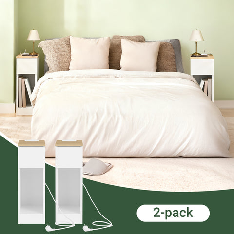 Set of 2 Bedside Table with Charging Station Narrow Nightstand Side Table End Sofa Table, FBT111-E-WNx2