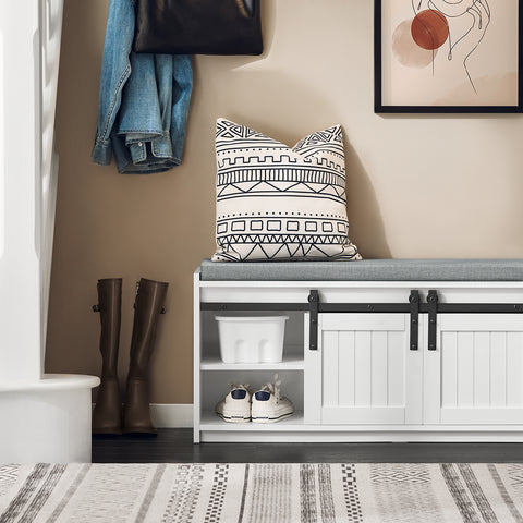 Hallway Shoe Bench Cabinet Rack with Sliding Doors and Seat Cushion, FSR133-K-W