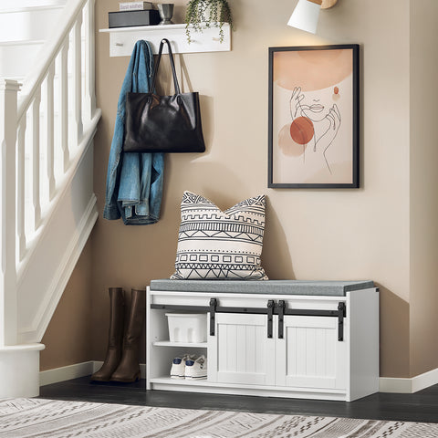 Hallway Shoe Bench Cabinet Rack with Sliding Doors and Seat Cushion, FSR133-K-W